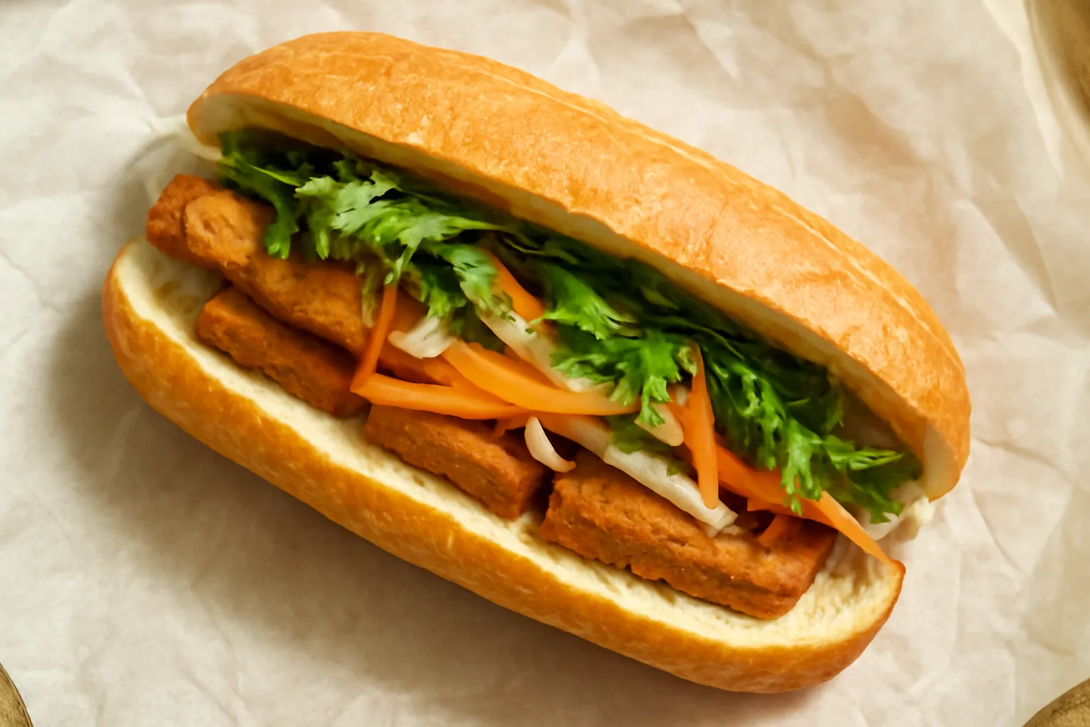 Ổ bánh mì chay cắt đôi để lộ nhân đậu hũ và rau