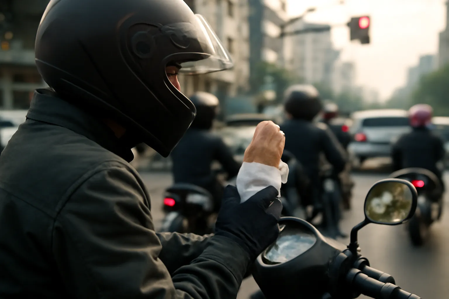 Người đi xe máy cầm ổ bánh mì dừng ở đèn đỏ buổi sáng