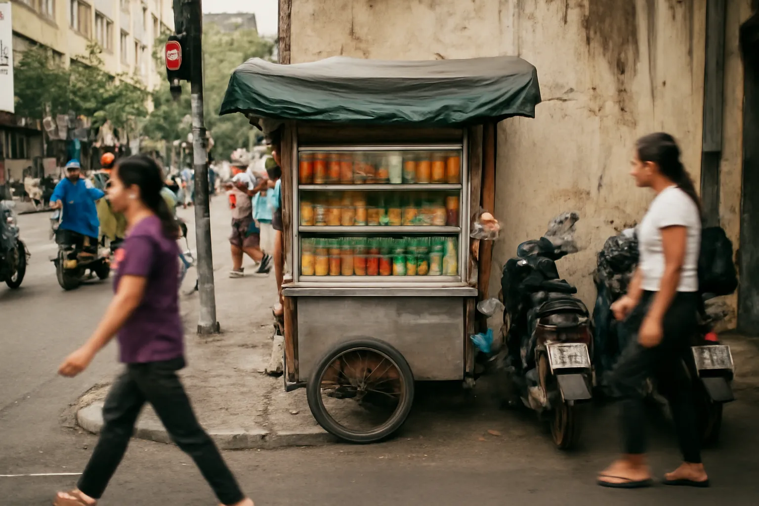 Góc ngã tư có một quầy hàng nhỏ đặt sát tường