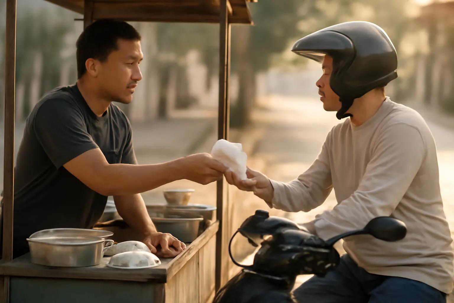 Người bán đưa gói bánh cho khách ngồi trên xe máy