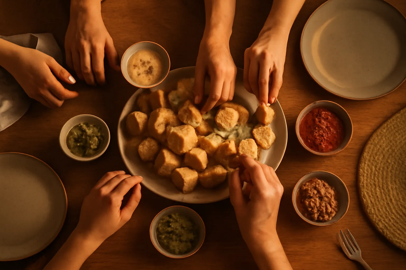 Đĩa bánh mì cắt khúc đặt giữa bàn ăn gia đình