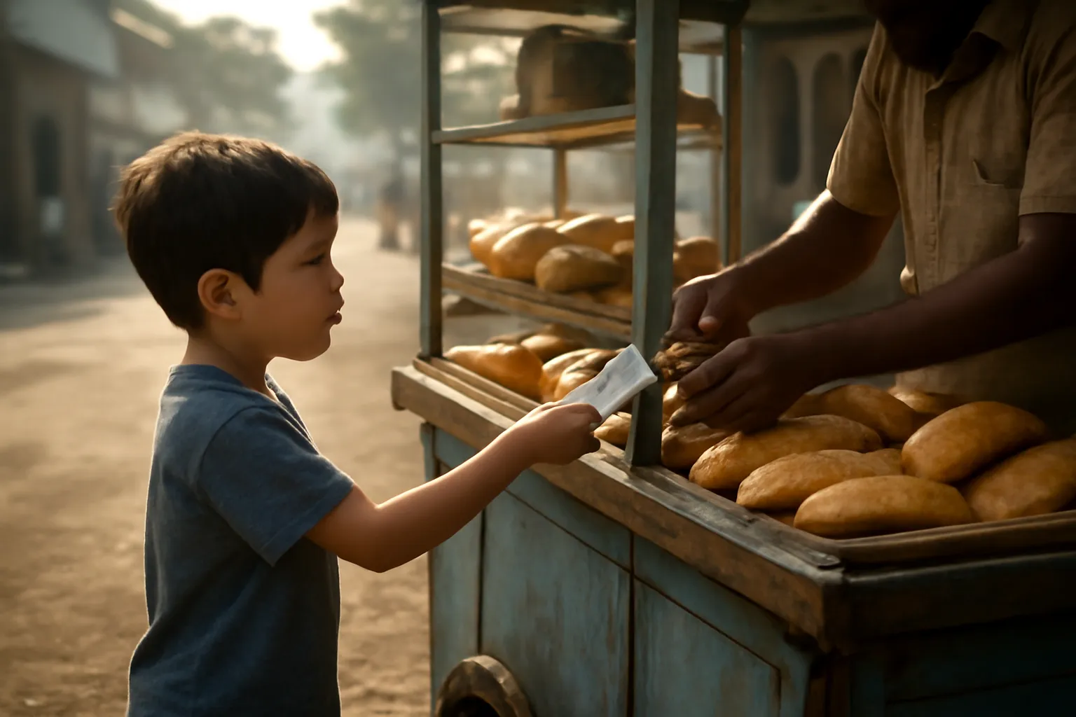 Đứa trẻ đứng ngang tầm quầy bánh mì, tay cầm tờ tiền