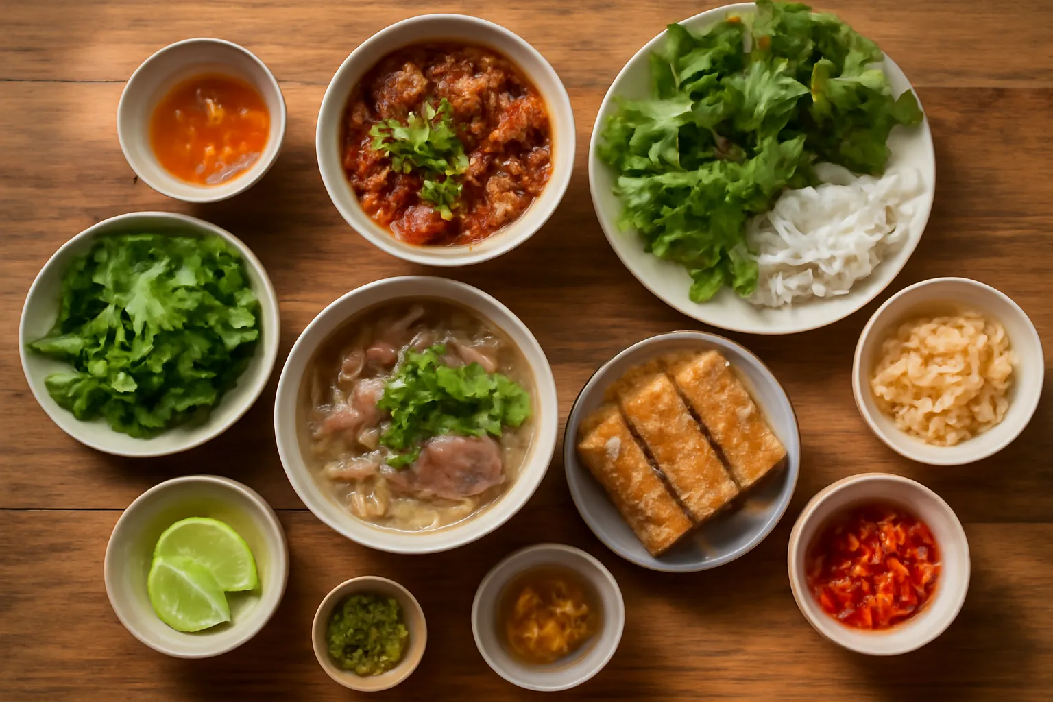 Nhiều món ăn Việt bày trên bàn gỗ nhìn từ trên xuống