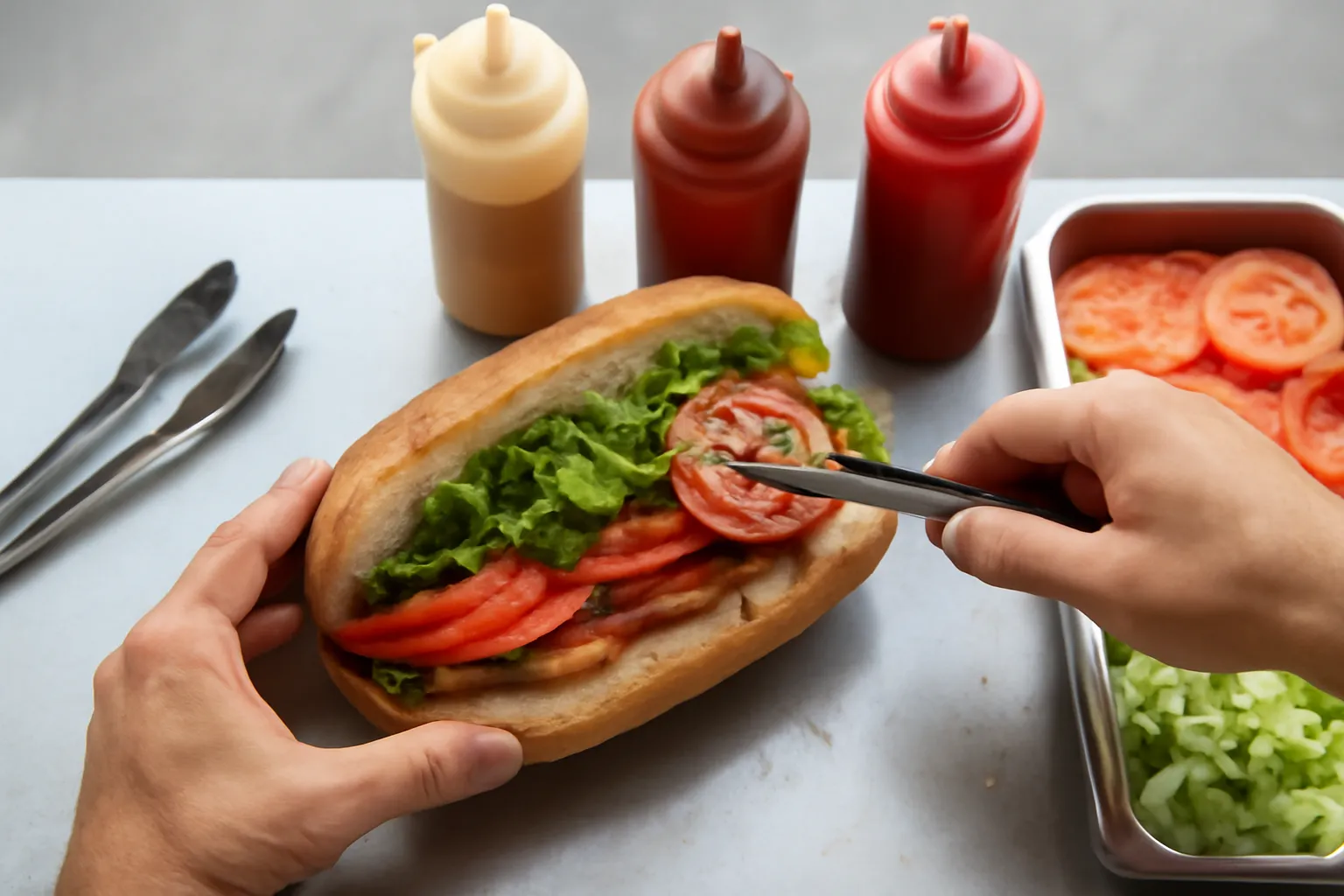 Bàn tay người bán đang kẹp nhân vào ổ bánh đã rạch