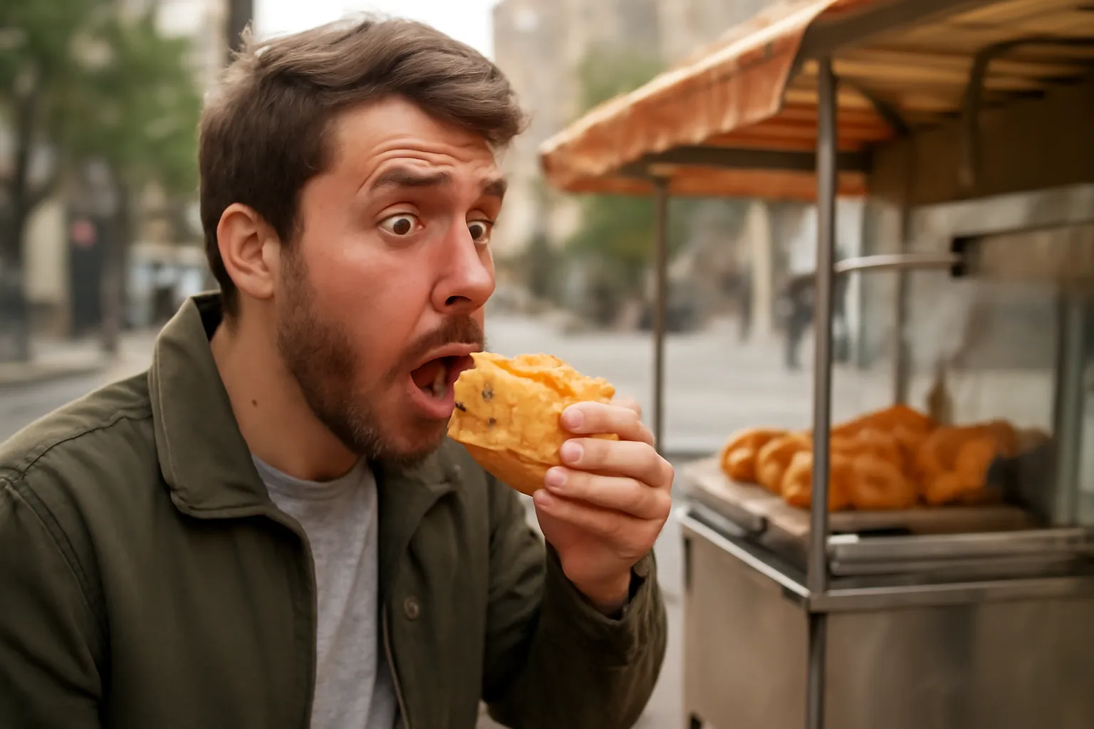 Người khách cầm ổ bánh mì cắn miếng đầu tiên bên lề đường