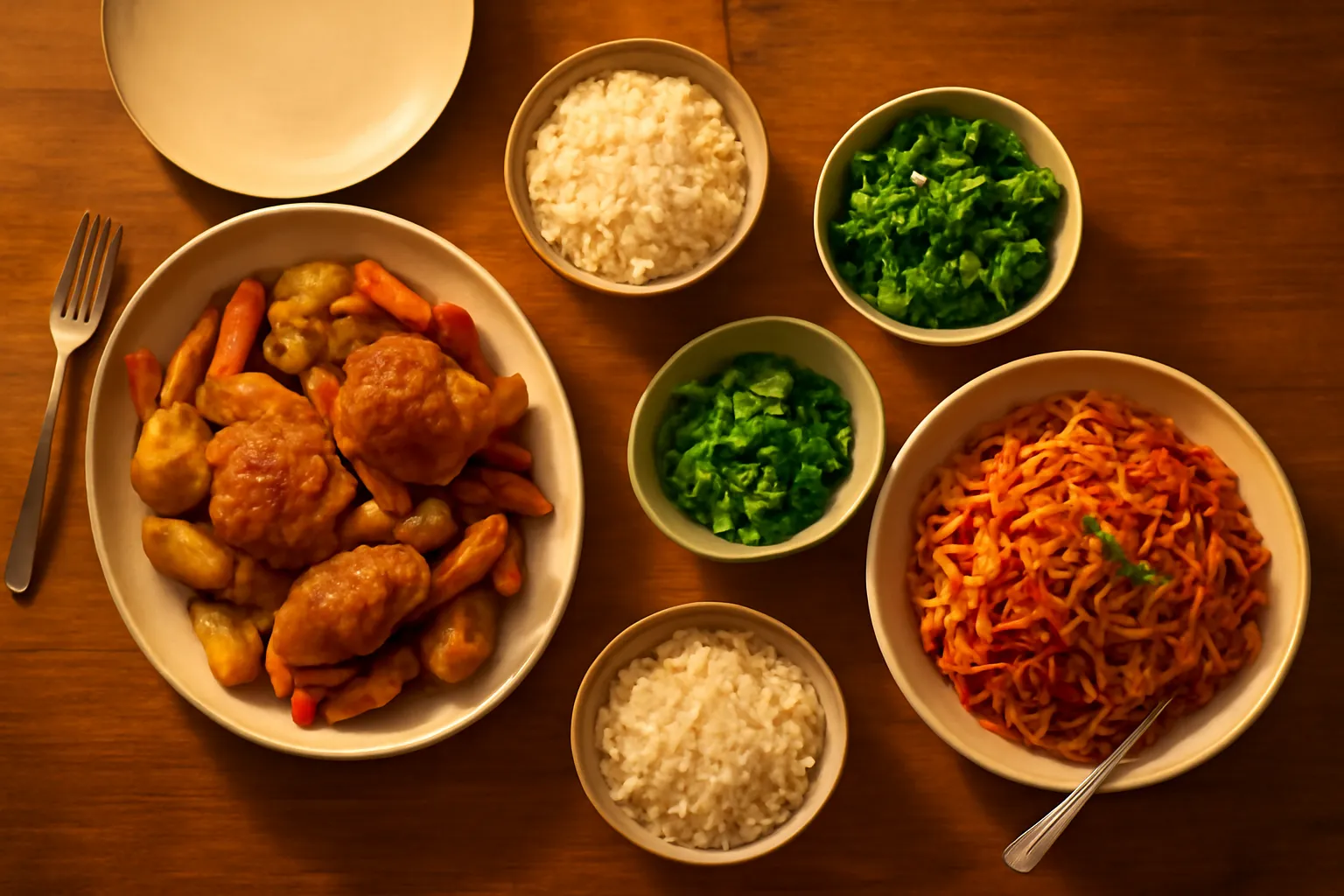 Bàn ăn với hai đĩa món khác nhau đặt cạnh nhau